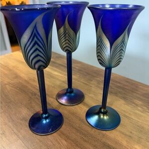 Vintage Artisan Blown Carnival Glass Champagne Flutes
